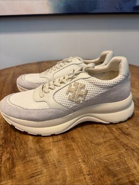 Tory Burch Cream and Light Gray Suede Mesh Platform Sneakers